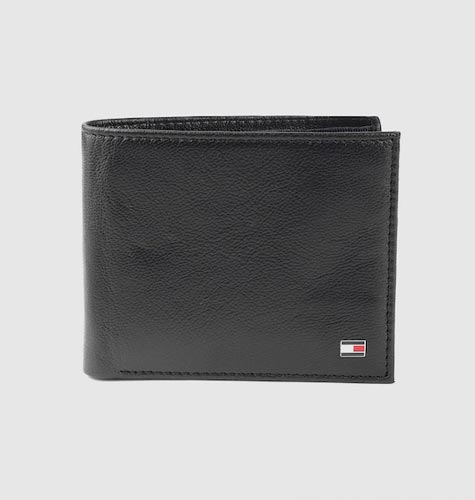 Men Black Leather Solid Two Fold Wallet